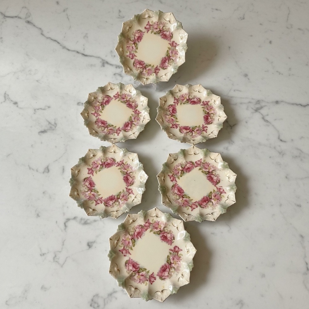 Antique MZ Austria Pink Rose Porcelain Plates Set of 6 Victorian Floral